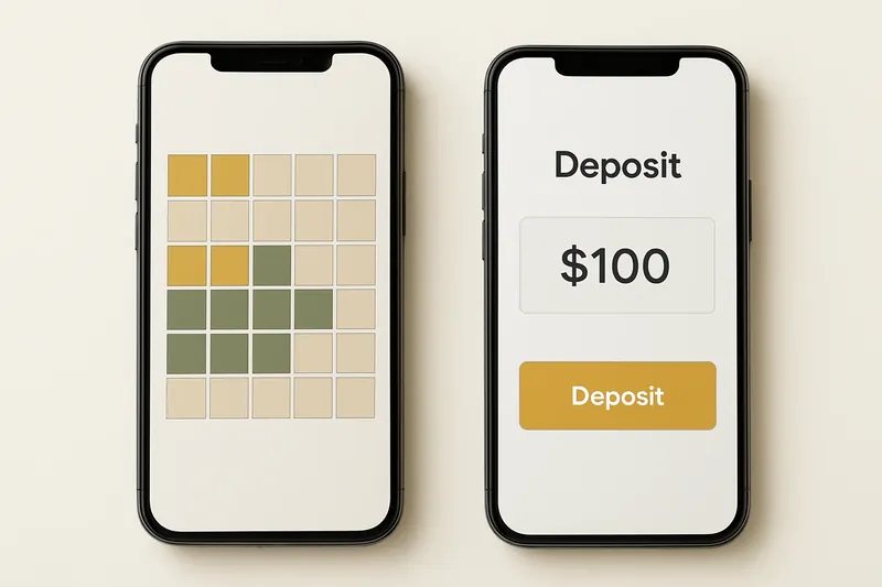 Two smartphones on cream background showing game grid and deposit screen